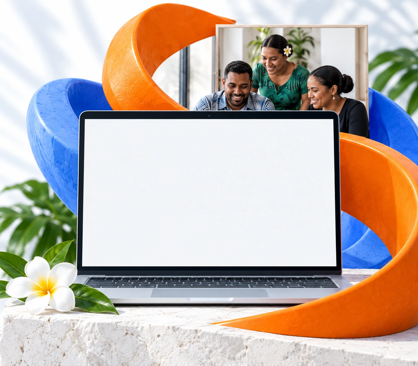 Blue and orange sculptural ribbons around a laptop, with a Fiji business team